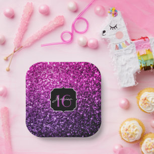 Purple Pink Ombre glitter sparkles Sweet 16 Paper Plates