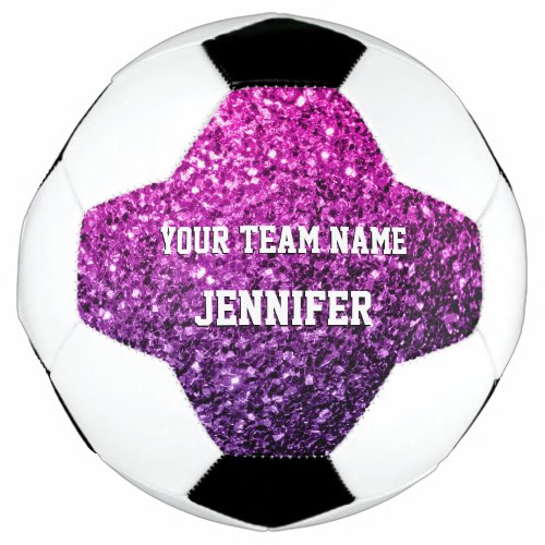 Purple pink ombre glitter sparkles Your name Team Soccer Ball