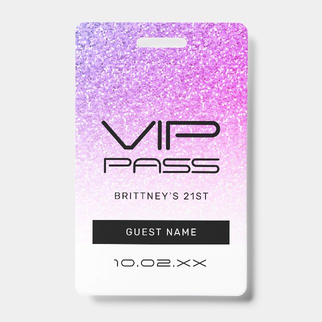 Purple Pink Ombre Glitter VIP Pass Party Invite Badge (Front)