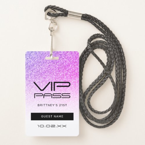 Purple Pink Ombre Glitter VIP Pass Party Invite Badge
