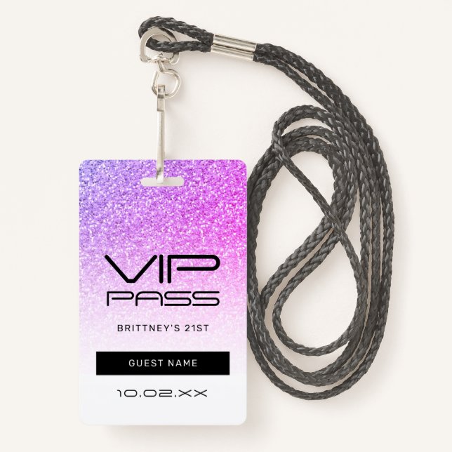 Purple Pink Ombre Glitter VIP Pass Party Invite Badge (Front with Lanyard)