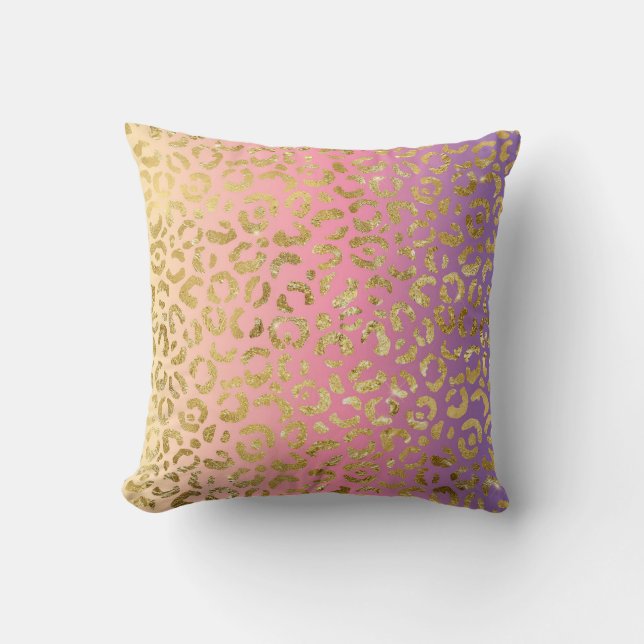 Purple Pink Ombre Gold Leopard Glam Throw Pillow (Front)