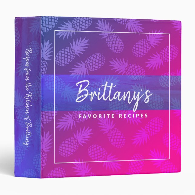Purple pink ombre recipe cookbook pineapple bold 3 ring binder (Front/Spine)