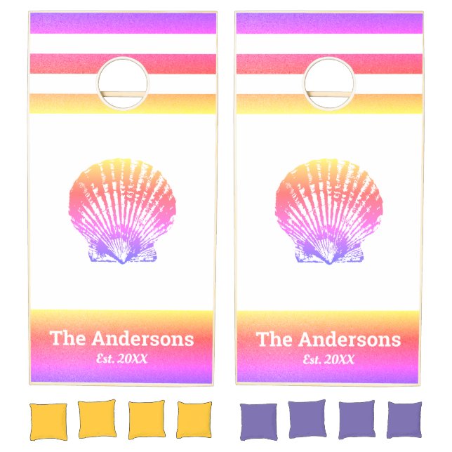 Purple pink ombre seashell coastal beach house fun cornhole set (Set)