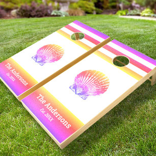 Purple pink ombre seashell coastal beach house fun cornhole set