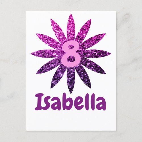 Purple Pink Ombre sparkles flower Custom name age Postcard