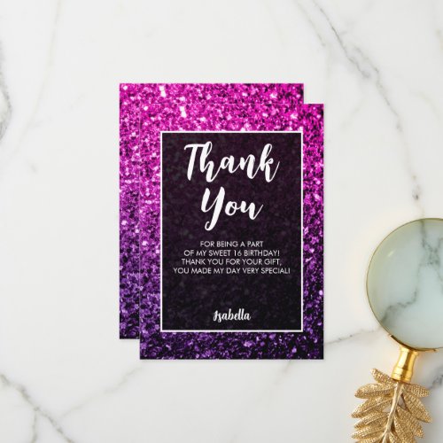 Purple pink ombre sparkles Sweet 16 elegant script Thank You Card