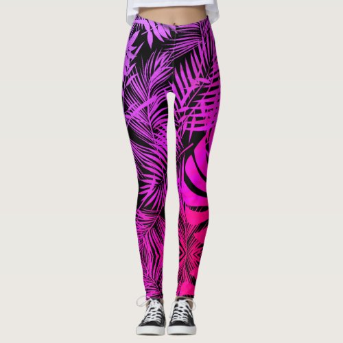 Purple pink ombre tropical palm leaves pattern leggings