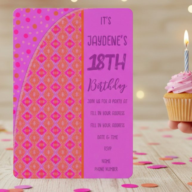 Purple Pink Orange Peach Diamond Dots Invitation (Go a little crazy this birthday with a fun purple, pink & orange youthful combination. Customize it.)