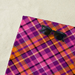 Purple Pink Orange Plaid Tartan Design Beach Towel