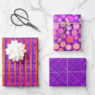 Purple, Pink, Orange, Stripes, Plaid, Polka Dots Wrapping Paper Sheets