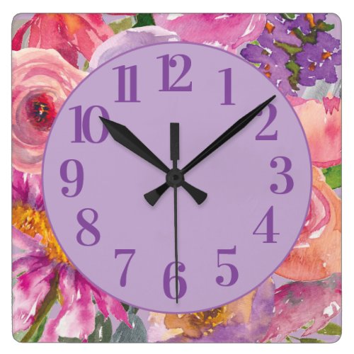 Purple Pink Orange Watercolor Floral Square Wall Clock