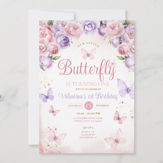 Purple Pink Our Little Butterfly is turning one Invitation (Front)
