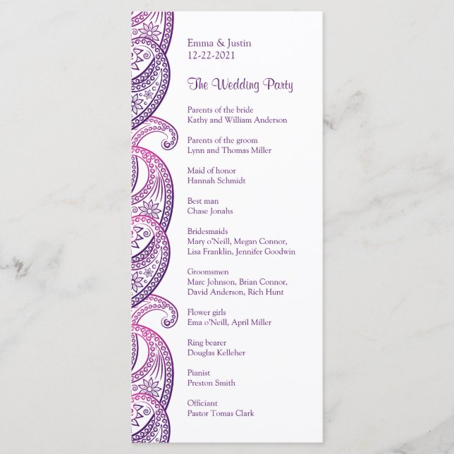 Purple & Pink Paisley Indian Wedding Rackcard Program (Front)