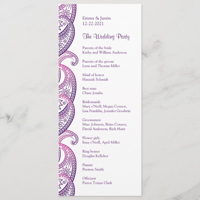 Purple & Pink Paisley Traditional Indian Wedding Program (Front)