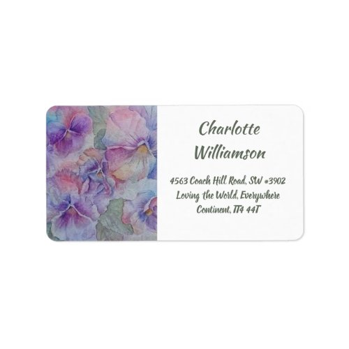 Purple Pink Pansy Flowers in Watercolor Address Label