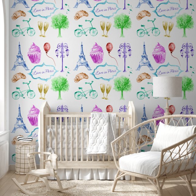 Purple Pink Paris Eiffel Tower Wall Covering  Wallpaper (Kids)