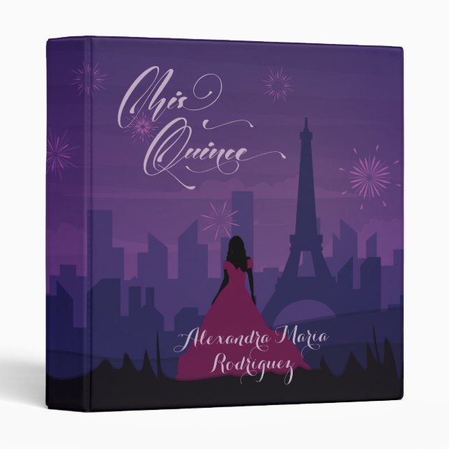Purple Pink Paris Fireworks Quinceañera 3 Ring Binder (Front/Spine)