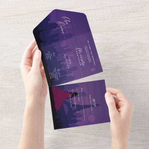 Purple Pink Paris Fireworks Quinceaera All In One Invitation