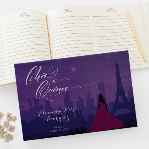 Purple Pink Paris Fireworks Quinceaera Guest Book