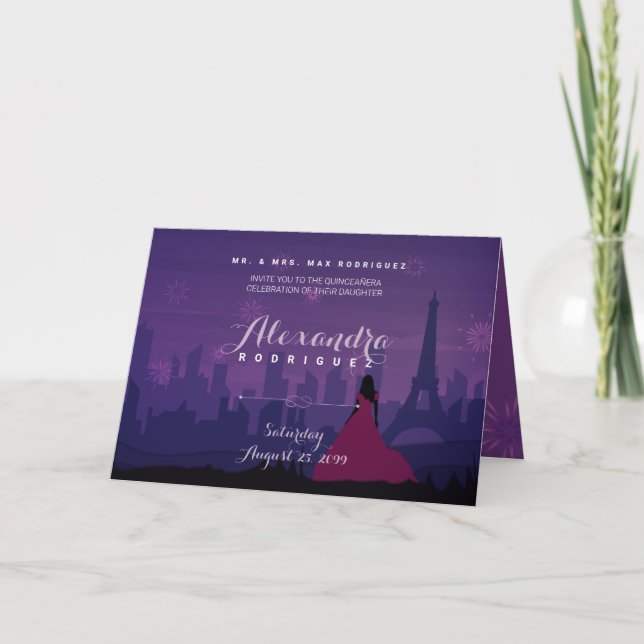 Purple Pink Paris Fireworks Quinceañera Invitation (Front)