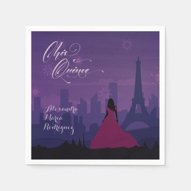 Purple Pink Paris Fireworks Quinceañera Napkins (Front)