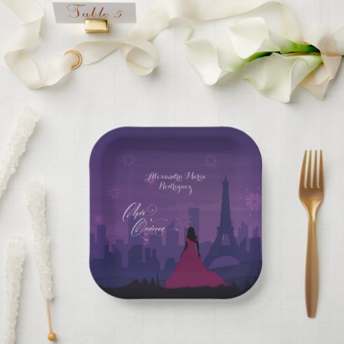 Purple Pink Paris Fireworks Quinceaera Paper Plates