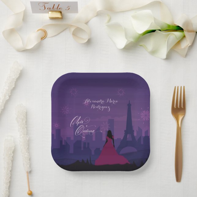 Purple Pink Paris Fireworks Quinceañera Paper Plates (Wedding)
