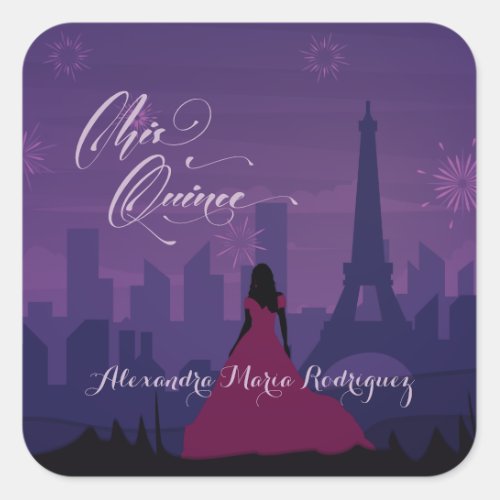 Purple Pink Paris Fireworks Quinceaera Square Sticker