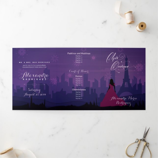 Purple Pink Paris Fireworks Quinceañera Tri-Fold I Invitation (Outside)