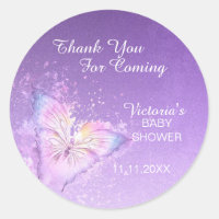 Purple Pink Pastel Butterfly Thank You Baby Shower Classic Round Sticker