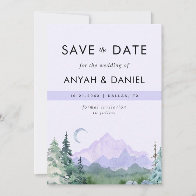 Purple Pink Pastel Watercolor Mountains Landscape  Save The Date (Front)