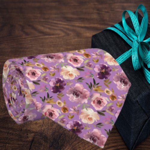 Purple Pink Pattern Flowers Floral Neck Tie