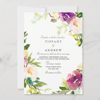 Purple Pink Peach Floral Watercolor Wedding Invite