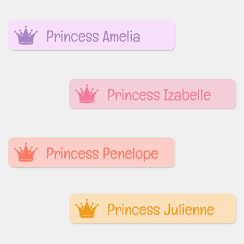 Purple Pink Peach Yellow Princess Crown Name Labels