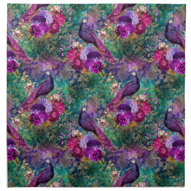 Purple Pink Peacock Floral Cloth Napkin (Front)