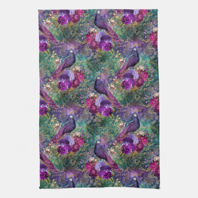 Purple Pink Peacock Floral Kitchen Towel (Vertical)