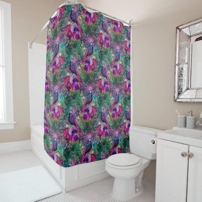 Purple Pink Peacock Floral Shower Curtain (In Situ)