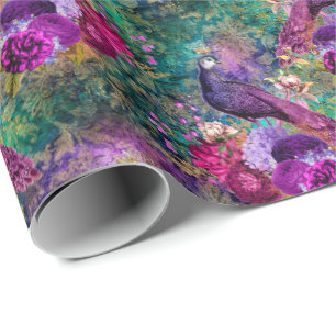 Purple Pink Peacock Floral Wrapping Paper
