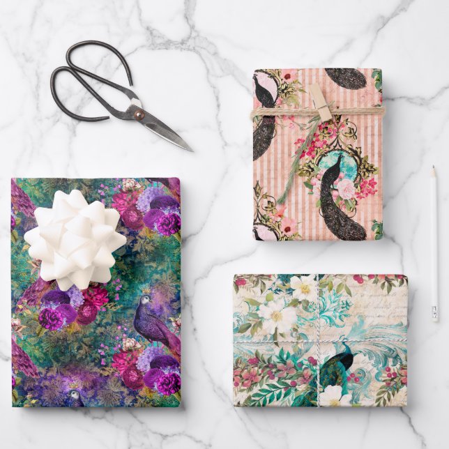 Purple Pink Peacock Floral Wrapping Paper Sheets (Front)