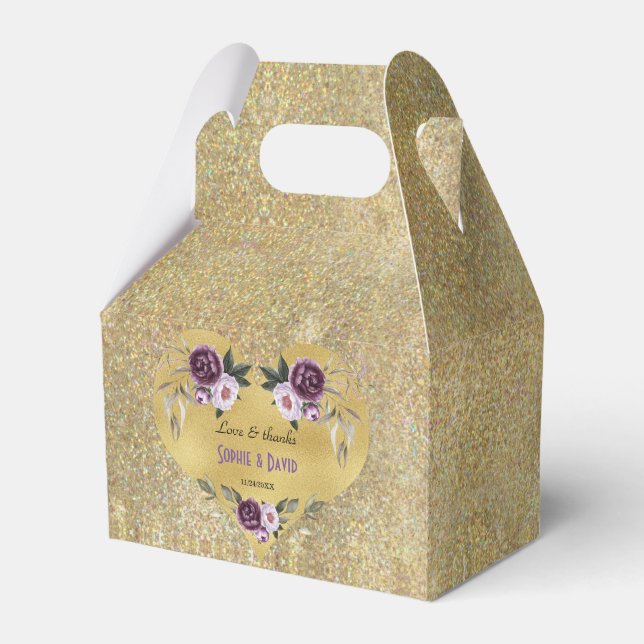 Purple Pink Peony Flowers Gold Glitter Wedding Favor Boxes (Front Side)