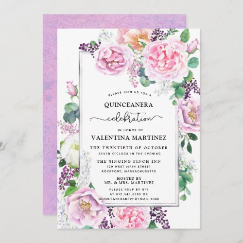 Purple Pink Peony Rose Floral Quinceanera Invitation
