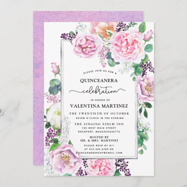 Purple Pink Peony Rose Floral Quinceanera Invitation (Front/Back)