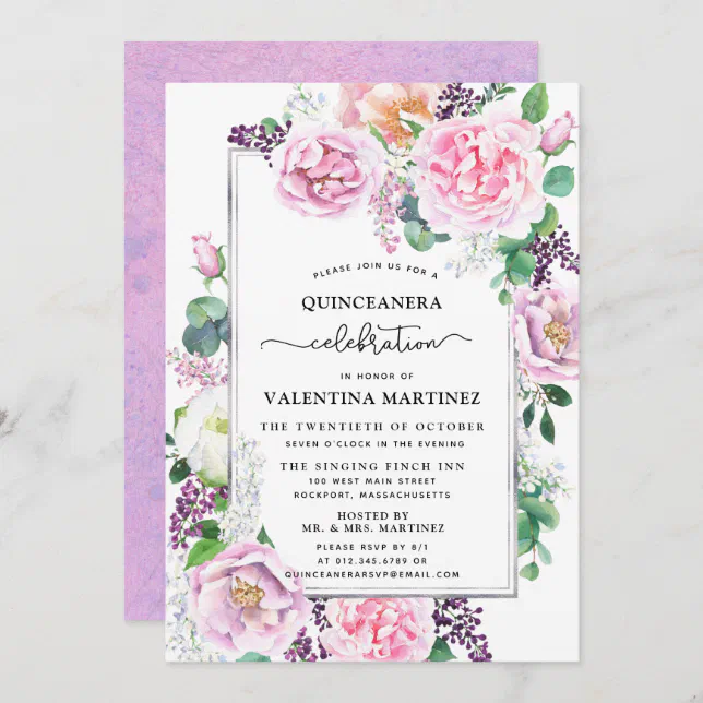 Purple Pink Peony Rose Floral Quinceanera Invitation | Zazzle