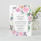 Purple Pink Peony Rose Floral Quinceanera Invitation (Standing Front)