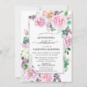 Purple Pink Peony Rose Floral Quinceanera Invitation (Front)