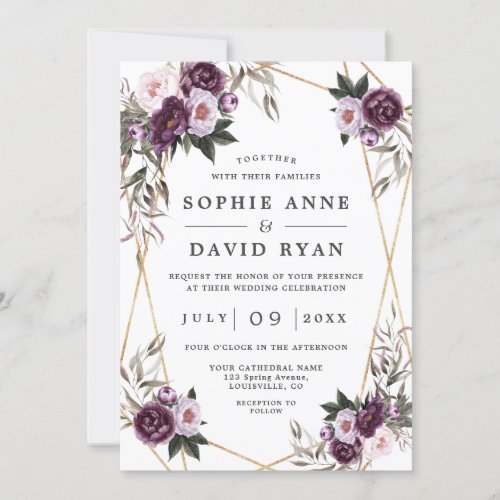 Purple Pink Peony Rose Gold All In One Wedding Invitation