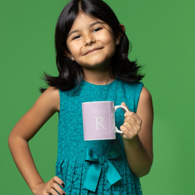 Purple Pink Personalize Minimalist Monogram Easter Coffee Mug (Cute pastel Happy Easter Mug with personalized Monogram on back.  White modern script. Pink purple.)