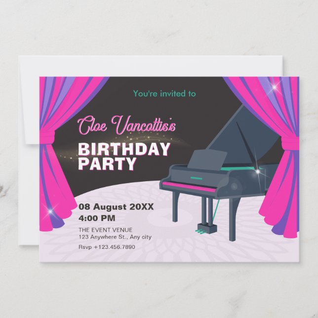 Purple pink piano stage Birthday  Invitation (Front)