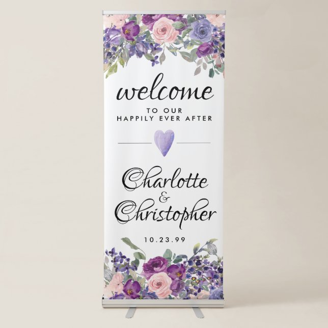 Purple Pink Plum Floral Chic Welcome Wedding Retractable Banner (Front)